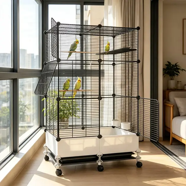Grande cage à oiseaux, cage d'intérieur pour perroquet avec roues freinées, cage pour perruche avec gamelle, bol d'eau, plate-forme de jeu, facile à déplacer et à nettoyer (noir, 74 x 37 x 139 cm)