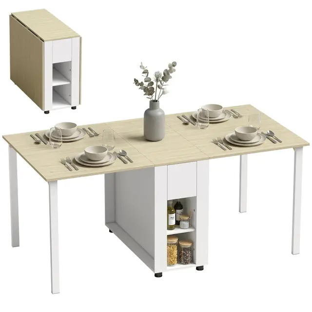 HOMCOM Table à Manger Pliante pour 6 Personnes 39-168 cm, Table de Cuisine rectangulaire, 2 abattants, 2 tiroirs et 4 étagères Ouvertes, Pieds en Bois de pin, pour Petit Espace, Salle à Manger, Blanc