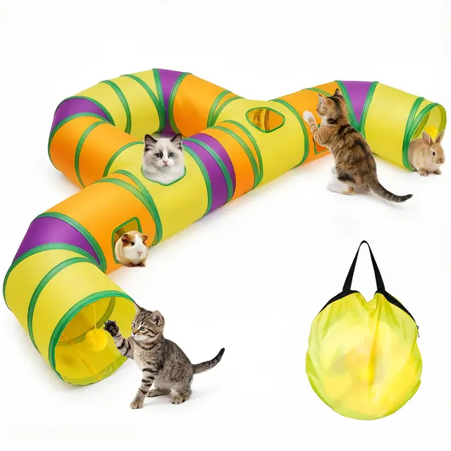 Tunnel de Jeu pour Chat Interieur, Jouer Tube pour Chat avec Pompons Suspendus et Trou interactif pour Chatons, Chiots, Lapins, furets, cochons d'Inde