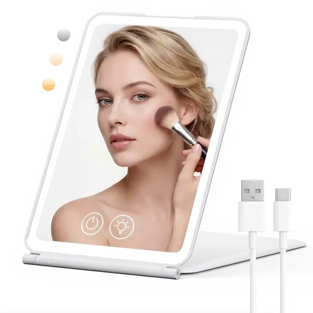 Miroir Maquillage Lumineux avec 72 LED, 1500mAh luminosité Ajustable,3 Modes d'éclairage, Miroir de Maquillage Pliable et Portable, idéal pour Les Voyages et la Chambre.