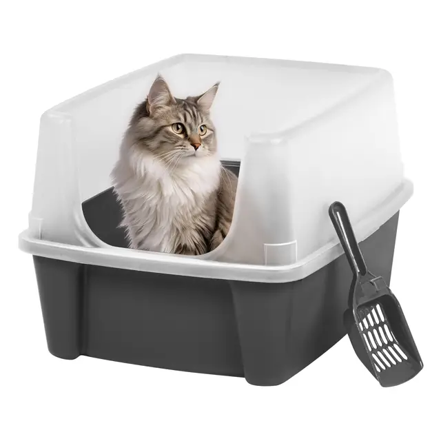 Iris Ohyama, Bac a Litiere pour Chat avec Pelle, Gris, Nettoyage Facile, Maison de Toilette, Rebords Amovibles, Anti-fuite, Pour Chats Adultes, Chatons, Lapins, Sans BPA, Ouverture en haut, CLH-12