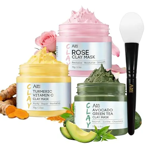 ANAiRUi Masque Visage au Curcuma - Masque Argile à la Rose - Masque de Boue à l'Avocat et au Thé Vert, Kit de Masque Visage pour Nettoyage, Purification, Réduit Acné et les Points Noirs, 210g