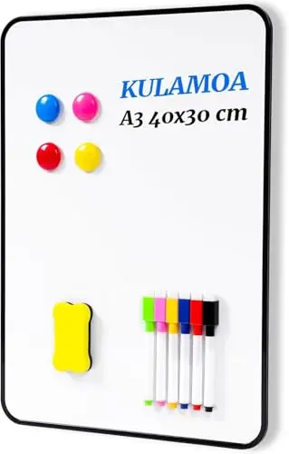 Tableau Blanc Magnetique 40x30cm, A3 Tableau Blanc Double Face avec 6 Stylos Marqueurs et Effaceur, Effaçable à Sec Tableau Aimanté Frigo pour Mémo, Plannings de Repas, Notes, Cuisine Liste