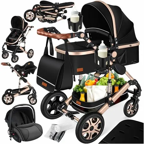 Ensemble poussette combinée 4 en 1 KESSER® avec nacelle, siège poussette, pneus en caoutchouc plein, sac à langer, protection contre la pluie, tablette pour enfant, ECE R129, Noir/Champagn