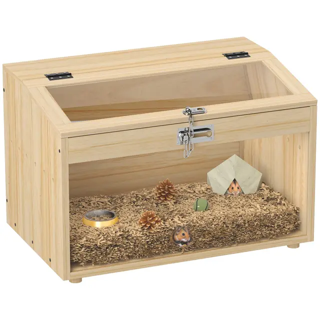 PawHut Cage à Hamster en Bois, Cage à Souris avec Couvercle ouvrable, fenêtre en Acrylique et Trous de Ventilation pour Hamsters Nains et gerbilles, 55 x 35 x 35 cm, Effet Bois Naturel