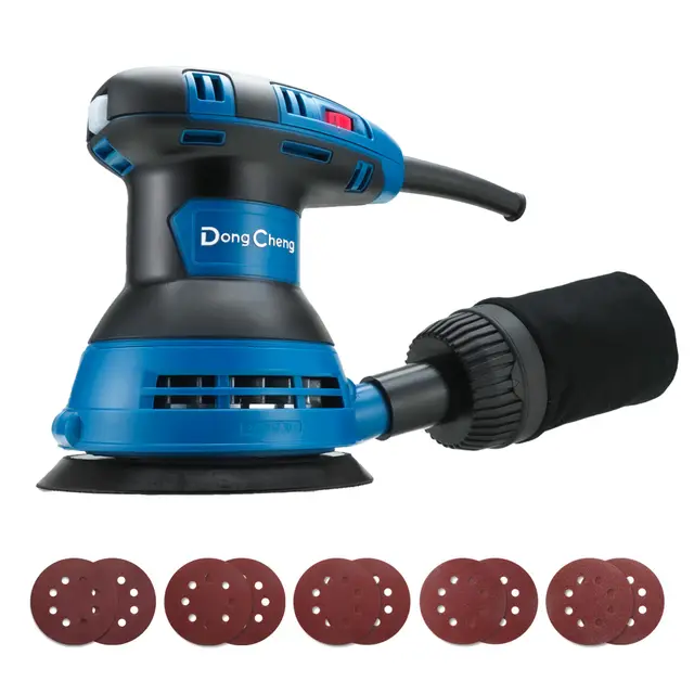 DongCheng Ponceuse excentrique 300 W, 125 mm, 6 vitesses, 4000-12000 tr/min avec dépoussiéreur et 10 types de papier de verre, Ponceuse orbitale aléatoire, idéale pour les travaux de bricolage