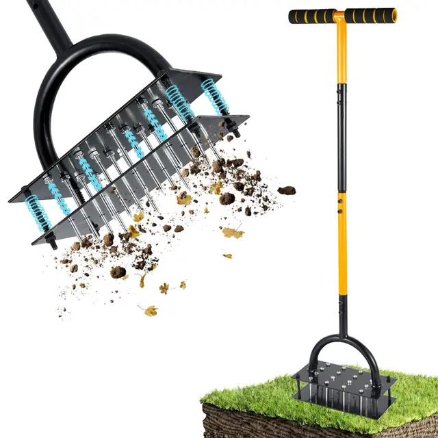 ROCKY&CHAO Aérateur Manuel pour pelouse – Outil de Jardin à Double Plaque avec 16 Pointes et 4 Ressorts, poignée en T, idéal pour sols compacts et Entretien du Gazon