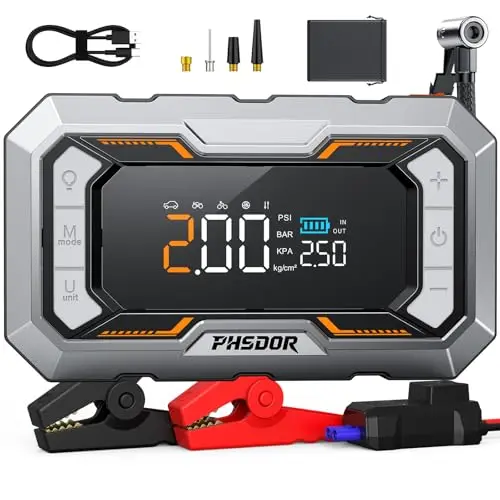 8000A Booster Batterie Voiture avec Gonfleur 150PSI, 25000mAh Démarreur Batterie Voiture (Tous Gaz ou 10L Diesel), 12V Booster de Batterie, Jump Starter avec Lumière LED (Orange & Argent)