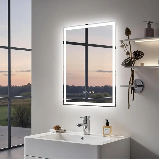 Miroir de Salle de Bain avec éclairage LED 45 x 60 cm avec Horloge, 3 températures de Couleur, Fonction Anti-buée, luminosité à intensité Variable, Fonction mémoire