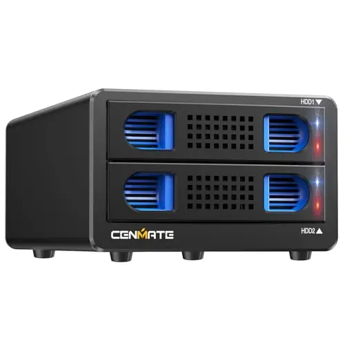 CENMATE Boîtier Raid 2 Baie en Aluminium avec Ventilateur pour Disque Dur de 2,5/3,5 SATA HDD/SSD avec USB A/C 3.0, Boîtier de Disque Dur sans Outil avec 4 Modes Raid