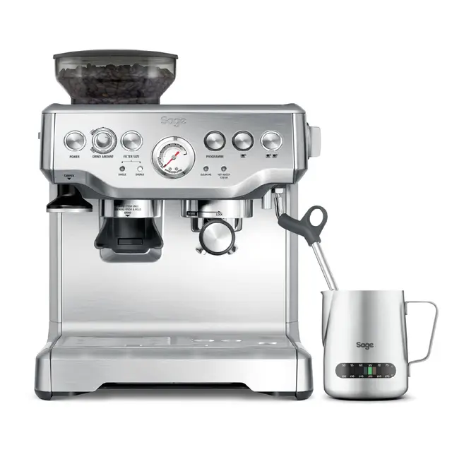 Sage - The Barista Express - Machine à Café avec Mousseur à Lait Manuel et Moulin - Mouture Automatique, Mousse Personnalisée - Acier Inoxydable Brossé, Pichet à Lait avec Thermomètre