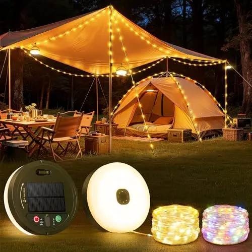 Guirlande Lumineuse Camping Rétractable, Portable 3 en 1 Guirlande Lumineuse Extérieur 10M, 13 Modes Solaire et USB rechargeable Lampe Camping LED étanche, pour Jardin, Camping-car et Randonnée