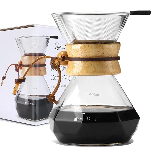 Lalord Verser Over Cafetière, avec Filtre en Acier Inoxydable Réutilisable, Carafe à Café en Verre Borosilicaté, Cafetière Manuelle, Infuseur à Café, Peut Contenir 2 Tasses, 400 ml