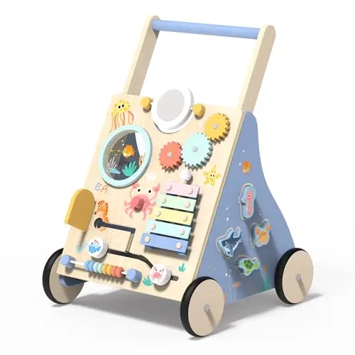 Trotteur Bébé en Bois, Océan Chariot de Marche Bebe en Bois, Jouet Centre d'activité pour Enfant, Baby Walker Cadeau pour Garçons et Filles