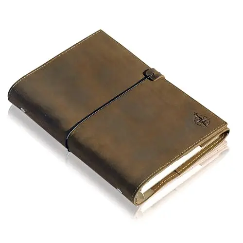 WANDERINGS Classeur Agenda A5 en Cuir – Journal 6 Anneaux Rechargeable avec Poches – Cuir Véritable Fait Main – Compatible Filofax – 15 x 22 cm