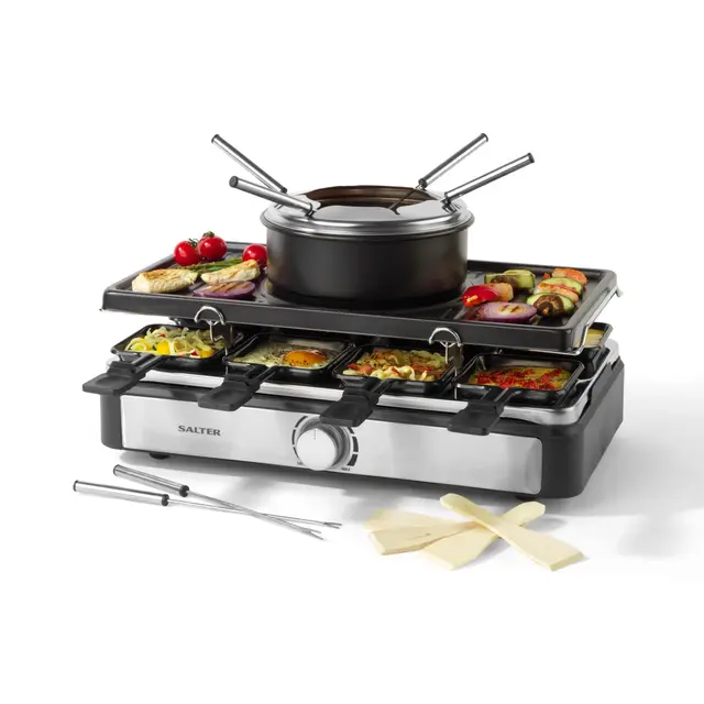 Salter Gril Électrique Raclette & Fondue - Grill d’Intérieur 2 en 1, Pot à Fondre 1,3L, Fondue au Fromage, 6 Fourchettes, Température Réglable, 8 Poêlons et Spatules Antiadhésifs, 1400W