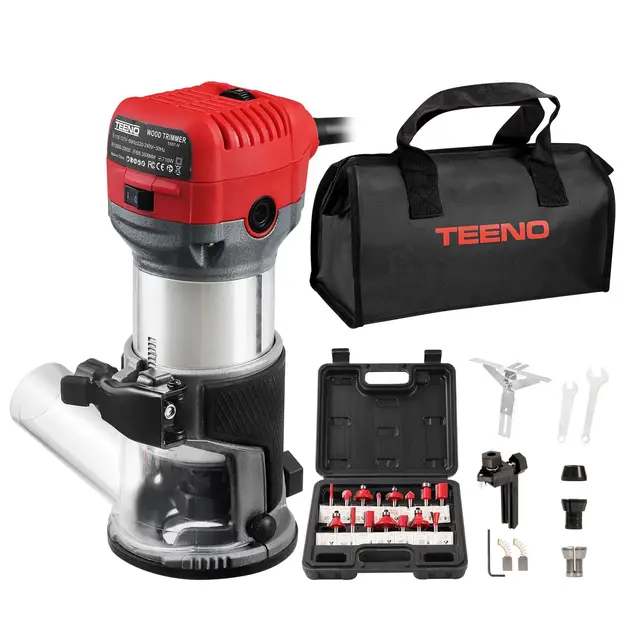 TEENO Défonceuse Affleureuse Électrique 800W 13000-33000 RPM Avec Housse anti Poussière, Affleureuse à Bois Avec 15 Fraises à Défoncer Queue de 1/4", 6 Vitesses Variables, Base Fixe Mèches 6/6.35/8mm