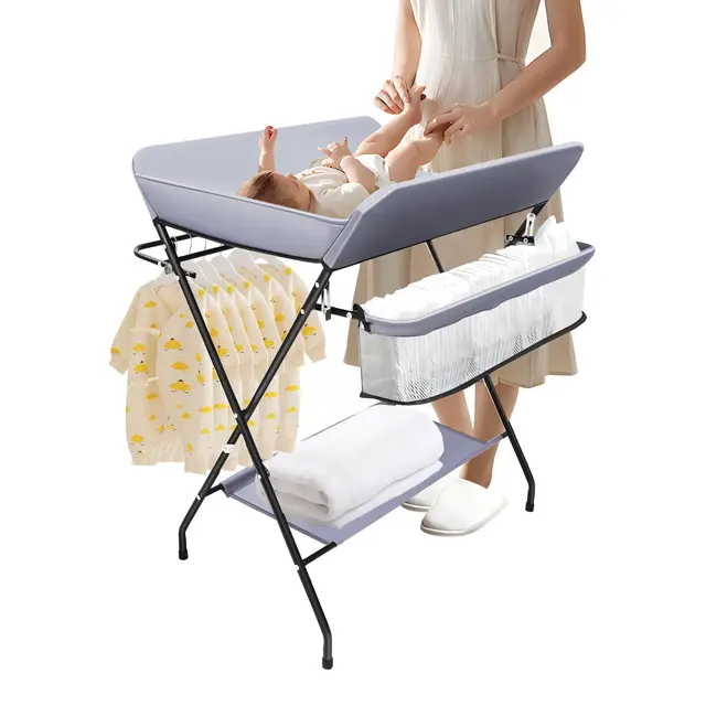 Commode à langer mobile, pour bébé, gris foncé avec motif de bande dessinée, réglable en hauteur, étanche, ceinture de sécurité et espace de rangement, cadre triangulaire stable (jusqu'à 25 kg