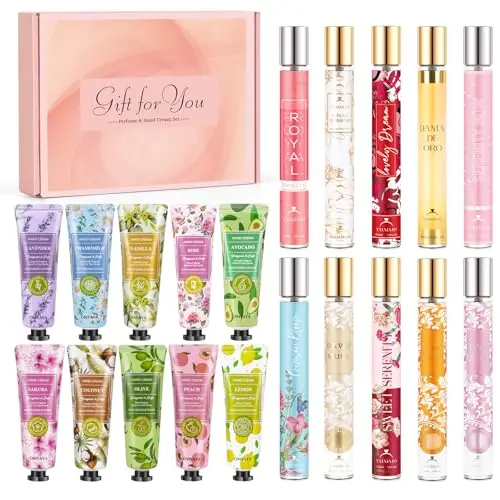 Coffret cadeau de parfum pour femme : 10x35ml mini parfums + 10 mini crèmes pour les mains, Eau de parfum pour femme aux notes florales et fruitées. Idéal comme cadeau pour un la Saint Valentin, Noël