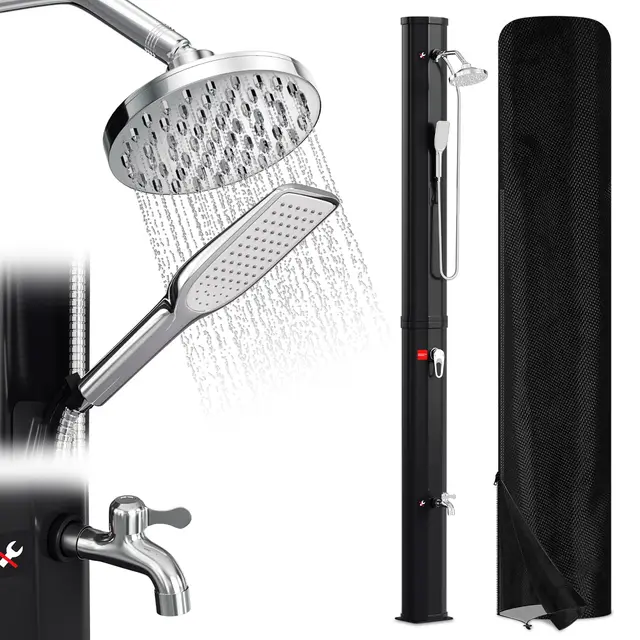 Randaco Douche solaire de jardin - Eau chaude jusqu'à 60 °C - Sans raccordement électrique - Douche de piscine - Camping avec douchette à pied et pommeau de douche à effet pluie pivotant - Noir (40 l)