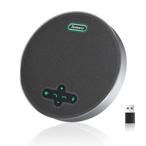 Tenveo Haut-Parleur de Conférence Bluetooth sans Fil, 8 Micros Omnidirectionnels 360°, Portée 6m, 18H Autonomie, Microphone de Réunion USB pour 15 Personnes, Compatible Zoom/Teams/PC