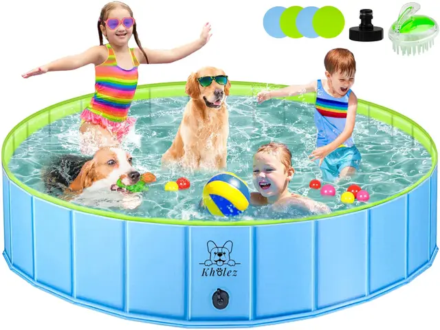 KHOLEZ Piscine pour Chien et Enfant, 120x30CM, Pliable et Antidérapante, Bleu/Vert, Baignoire Chien Portable avec Brosse de Bain, Vanne de Vidange, Rustine Piscine PVCx4