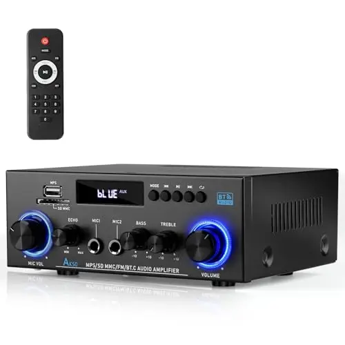 Romicta AK50 Amplificateur Audio Stéréo, 2.0 canaux, Bluetooth 5.0, Radio FM, Echo, Lecteur USB/SD, Micro inputs, Télécommande - Idéal pour Home Cinéma et Salon