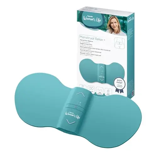 Beurer EM 55 Menstrual Relax+, contre les douleurs menstruelles et les douleurs dues à l'endométriose, fonction TENS et chaleur, avec batterie rechargeable, surface de chaleur plus grande, turquoise