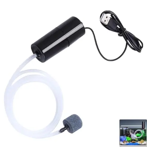 Mini Pompe à Air USB pour Aquarium - Pompe Portable Ultra Silencieuse et Économe en Énergie - Comprend Pierre à Air et Tube en Silicone, Débit Maximal 210 L/H - Consommation 1W