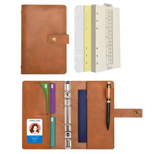 Wonderpool Carnet de notes rechargeable en cuir - Papier à pois intérieur en cuir véritable pour le travail de voyage et l'organisateur (Brun, A6)