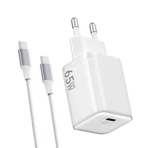 Chargeur USB C 65W, Charge Rapide PD3.0 PPS, GaN II avec Câble Tressé 2M, Compatible pour MaxBook Pro/Air, pour Samsung Galaxy S25/S24/S23 Ultra, pour iPhone 17/16/15(Blanc)