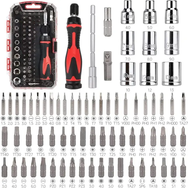 Amazon Basics Ensemble clés magnétiques à cliquet et tournevis de précision pour l'électronique, 73 unité, lot de 1, Argent, Noir, Rouge