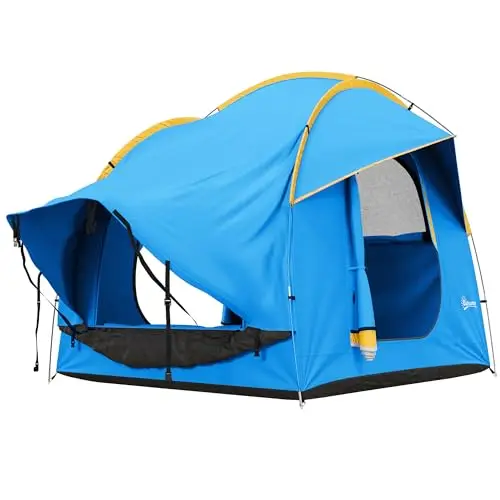 Outsunny Tente de Voiture hayon Famille 5-6 Personnes Tente de Camping pour SUV avec 3 Portes et fenêtre en Maille, pour Trekking, Camping randonnée, Bleu et Orange