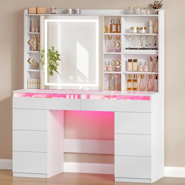 Hzuaneri Coiffeuse avec Éclairage RGB et Plateau en Verre, Coiffeuse avec Miroir, 8 Tiroirs et 9 Étagères Ouvertes, pour Chambre, Blanc 1180203XEU