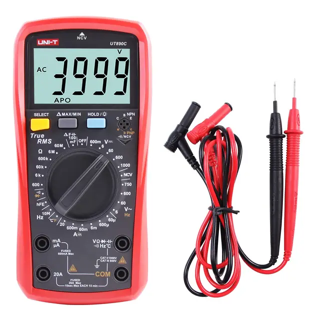 Multimètre, UT890C Multimètre Numérique True RMS 6000 Compte Ampèremètre Voltmètre Tension AC/DC Résistance Courant Capacité Fréquence Testeur mètre de température de Mesure avec Sonde LCD