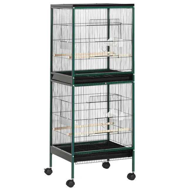 PawHut Grande Cage à Oiseaux sur Pied - volière Double avec mangeoires perchoirs Plateau Amovible - roulettes - 51,5 x 50 x 140 cm Vert Noir