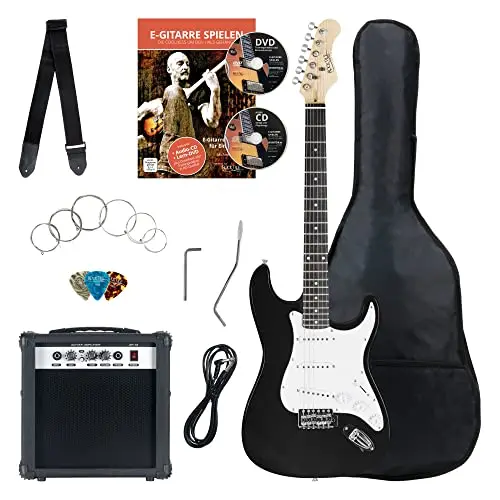 Rocktile Banger's Pack Guitare electrique - Ensemble de Guitare électrique Noir - Kit avec Ampli de 25 W, Housse, Sangle, Câble, Cordes et Médiators - Black Highgloss