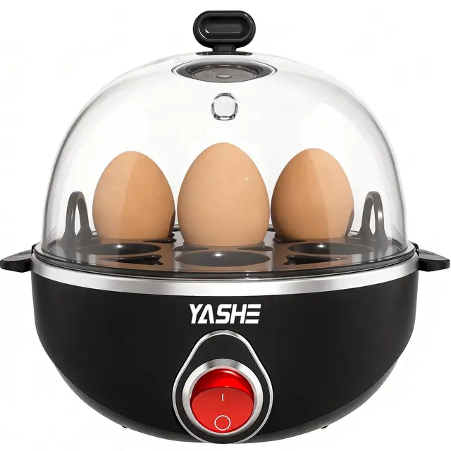 YASHE Cuiseur à œufs, cuiseur à œufs électrique d'une capacité de 7 œufs pour œufs durs, moyens et mous, avec tasse à mesurer, plateau et couvercle sans BPA, noir