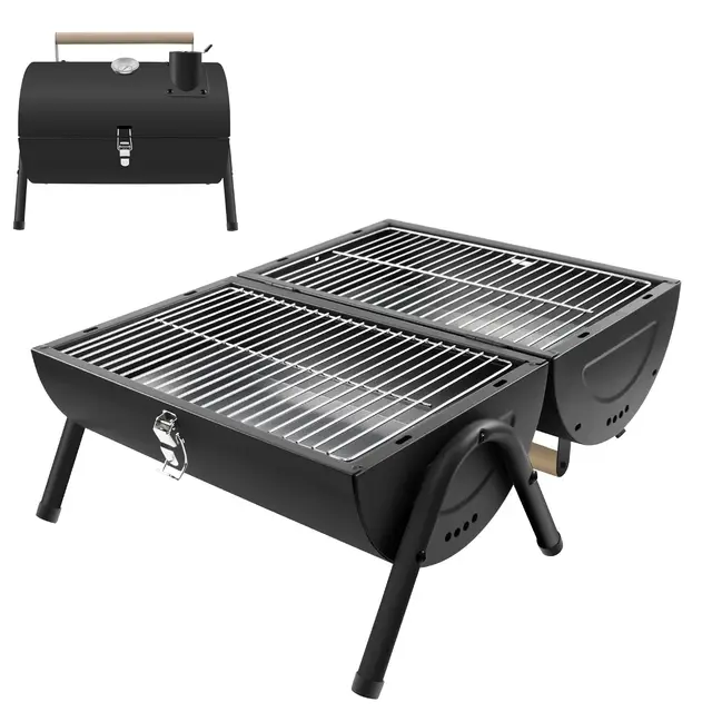 Barbecue Charbon portable 2 en 1 noir - avec Thermomètre, robuste et facile à transporter pour jardin balcon voyage camping