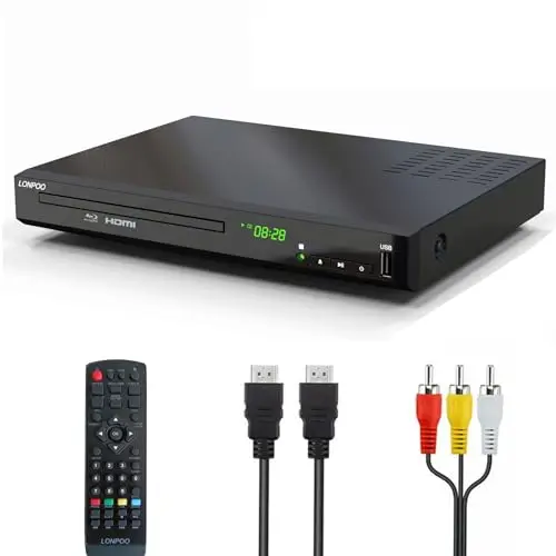 Lecteur Blu-Ray DVD pour Téléviseur - 1080P HD DVD Lecteur Bluray avec Sortie HDMI/Coaxiale/RCA (câble HDMI et AV Inclus), Entrée USB, Bluray Région B/2, Télécommande (LP-100)