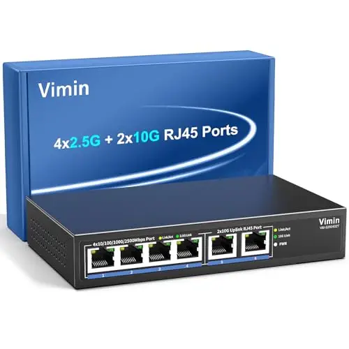 10Gb Unmanaged Ethernet Switch avec 4*2.5G Base-T Ports, 6 Ports 10G/2,5G avec 2*10GBASE-T Commutateur Réseau Non Géré, Capacité 60 Gbit/s, Network Switch Multi-Gigabit de Bureau/Mural pour NAS, PC