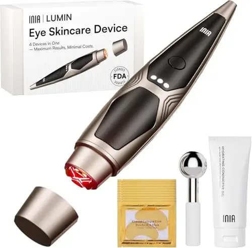 INIA Masque pour les Yeux 5-en-1 : Luminothérapie, Chaleur, Micro-courant et Vibration - Soin Anti-Âge pour Cernes, Poches et Rides - 3 Modes, Rechargeable USB, Appareil de Massage Oculaire Voyage