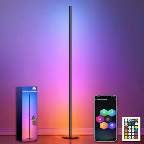 Lampadaire LED,Lampe sur Pied Salon avec Télécommande et APP,Lampadaire Dimmable,46 Modes Scène,Sync de Musique,16 Millions Couleurs,RGB LED d'Angle de Chambre,Salon,Noir