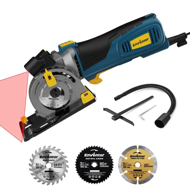 Enventor 600W Mini Scie Circulaire, Petite Scie Circulaire Portative avec échelle et Guide Laser, 5500RPM, Utilisation à une Main, 3 Lames de Scie, pour Bois, Carrelage, Plastique et Métaux fins