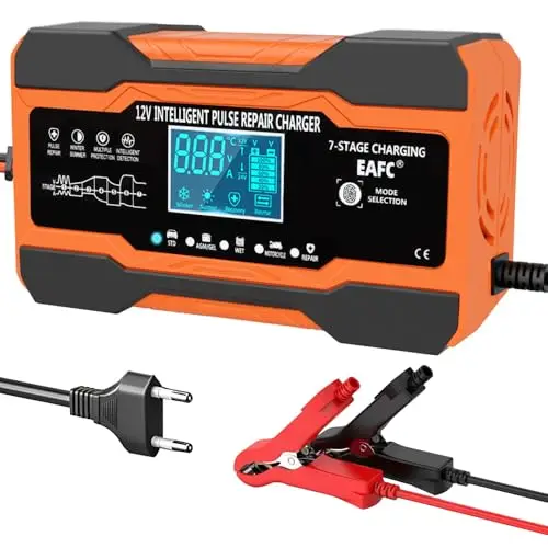 Chargeur de Batterie Voiture 12A 12V Intelligent, Maintien de Charge Batterie Voiture pour Batterie au Plomb, STD, AGM, Gel, SLA, Moto, Câble 2 m, Commande Tactile, Compensation de Température