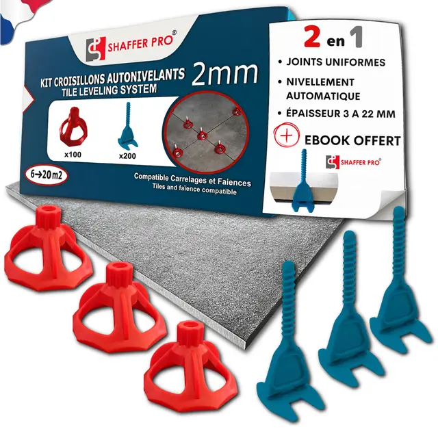 Croisillons carrelage autonivelant 2 mm | 200 clips + 100 cadrans réutilisables | 3-22 mm I Shaffer pro | compatible 20mm I système nivellement à visser | aide la pose de carreaux pour pose Sols/murs