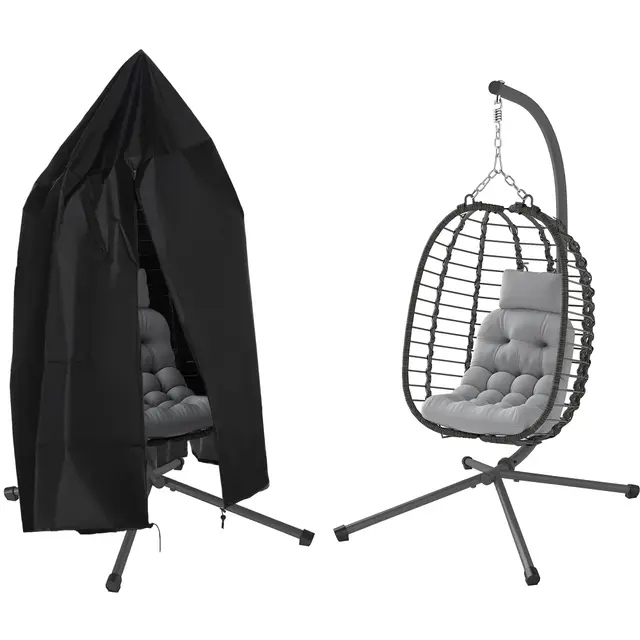 Outsunny Fauteuil Suspendu Pliable en résine tressée avec Support et Housse de Protection, Fauteuil Oeuf Suspendu, Coussin et Oreiller, Hauteur réglable, Cadre en Acier, Gris et Noir