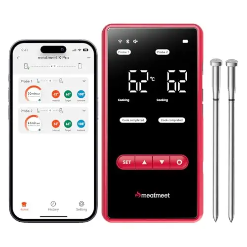 X Pro Thermomètre à Viande Intelligent Bluetooth et WiFi, 2 Sondes 6 Capteurs, Grand Écran LED, Étanche IP69, résistant à la chaleur jusqu'à 582°C, pour cuisine et barbecue