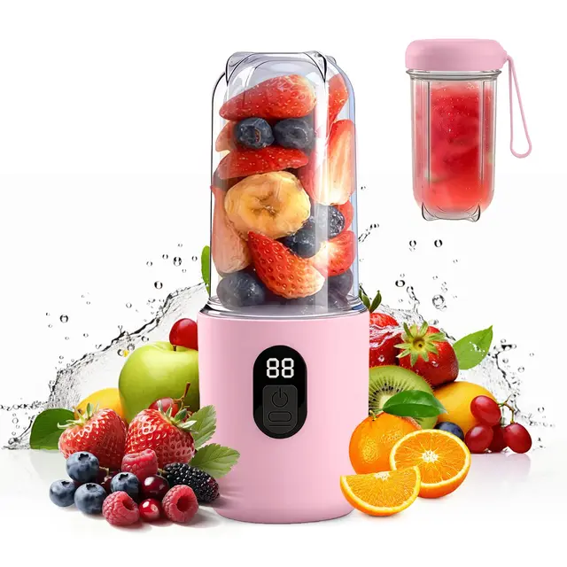 500ML Mini Mixeur Portable, Mixeur Blender avec écran numérique, Rechargeable Blender portable avec 16 Lames pour Smoothies et Milk-Shakes, Voyage, Salle de Sport (Rose)