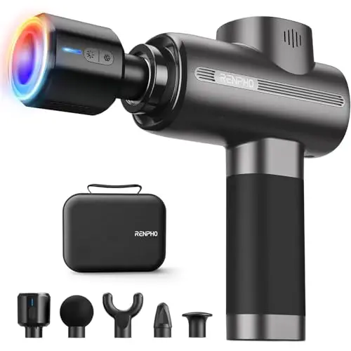Pistolet de Massage Musculaire, RENPHO Massage Gun avec Tête Chaude et Froide, Masseur Electrique avec 5 Têtes de Massage, Charge de Type-C Ultra Silencieux